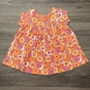 Baby Lulu Floral Cotton Dress sz 6M Pink Orange Short Sleeve Bow Empire Waist